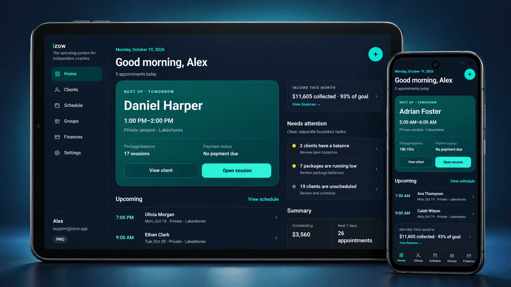 izow coaching dashboard displayed on a tablet and Android phone