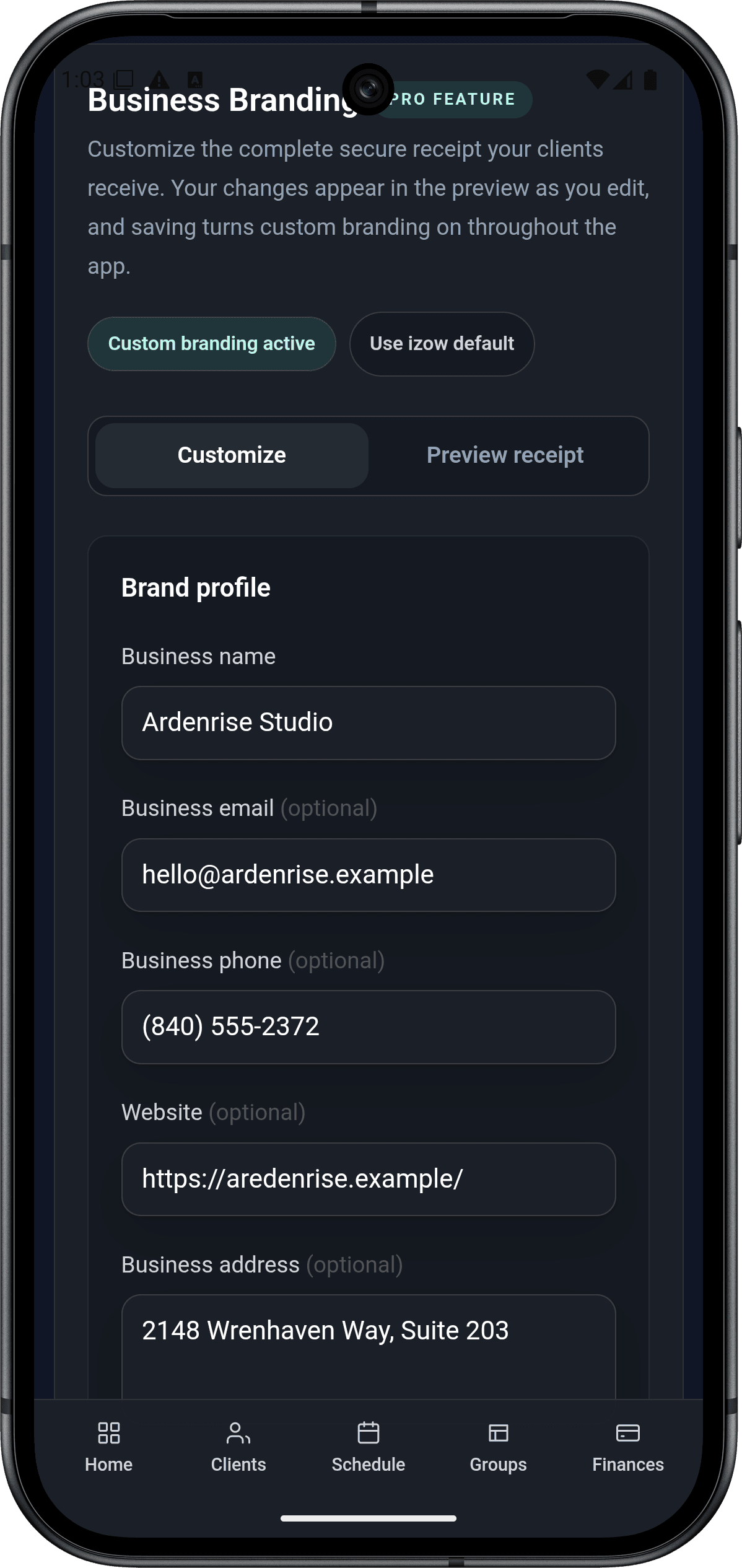 izow Business Branding settings with custom business name, contact details, logo, receipt colors, and receipt preview