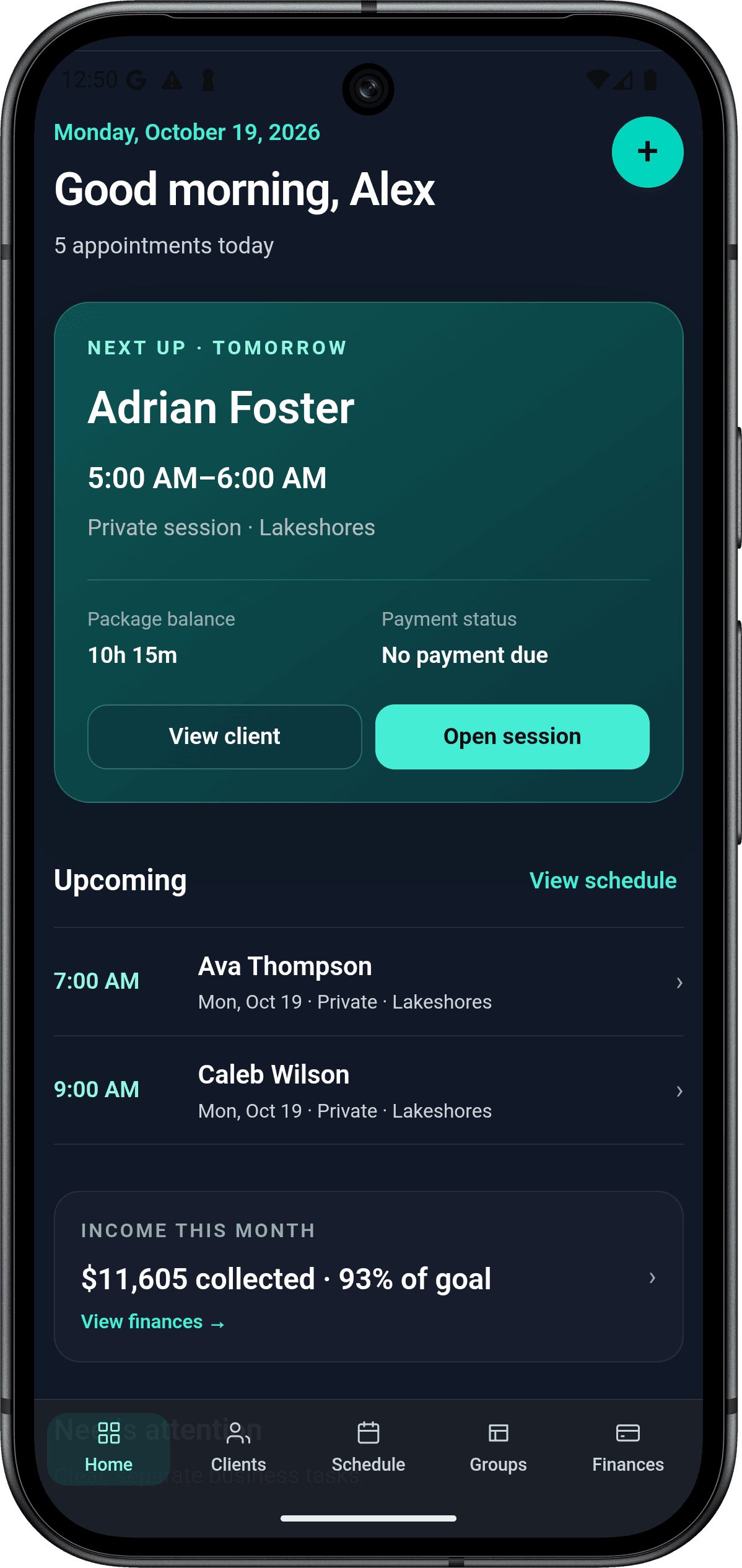 izow mobile dashboard showing the next coaching session, upcoming schedule, package balance, and monthly income progress