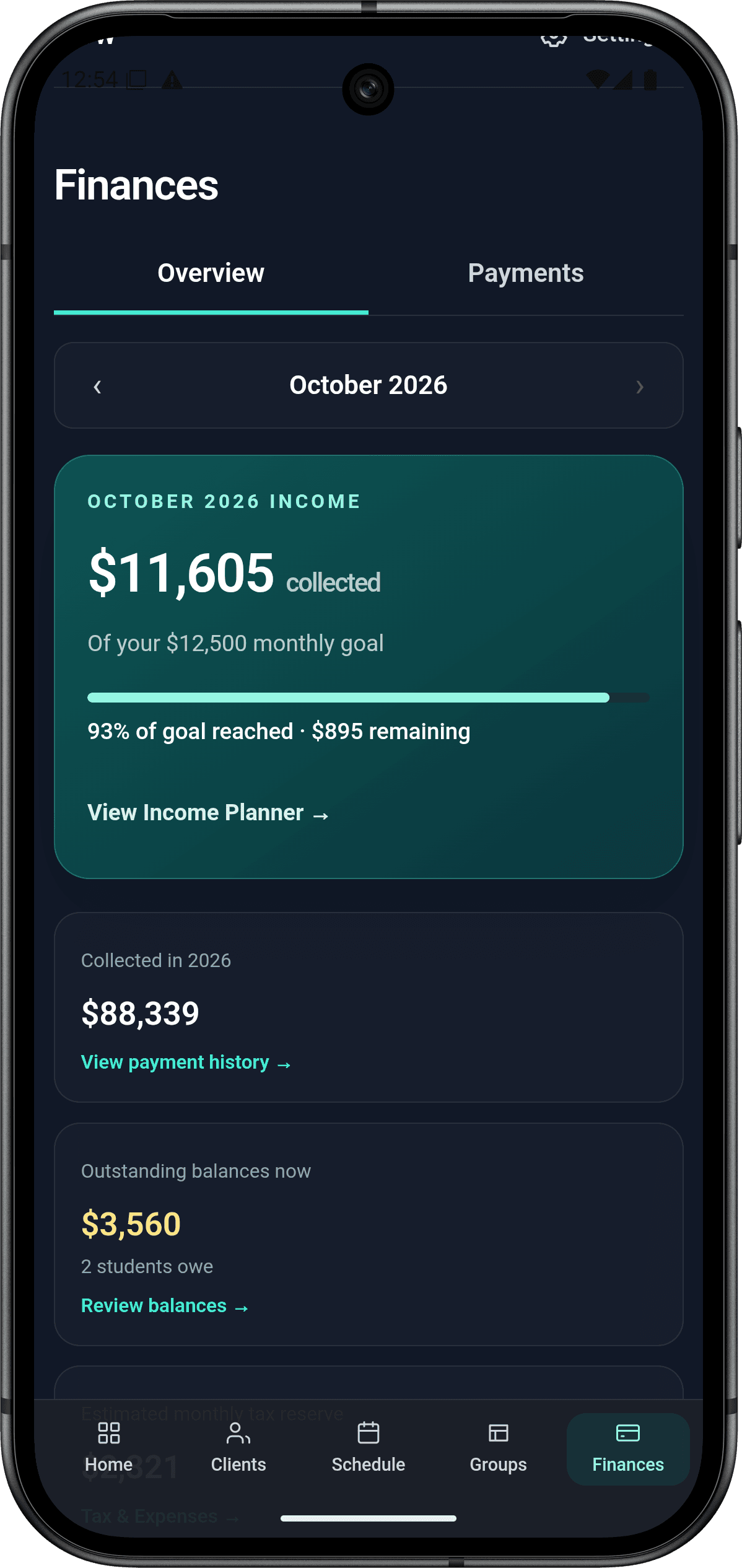 izow mobile finances overview showing income goal progress, annual income, and outstanding balances