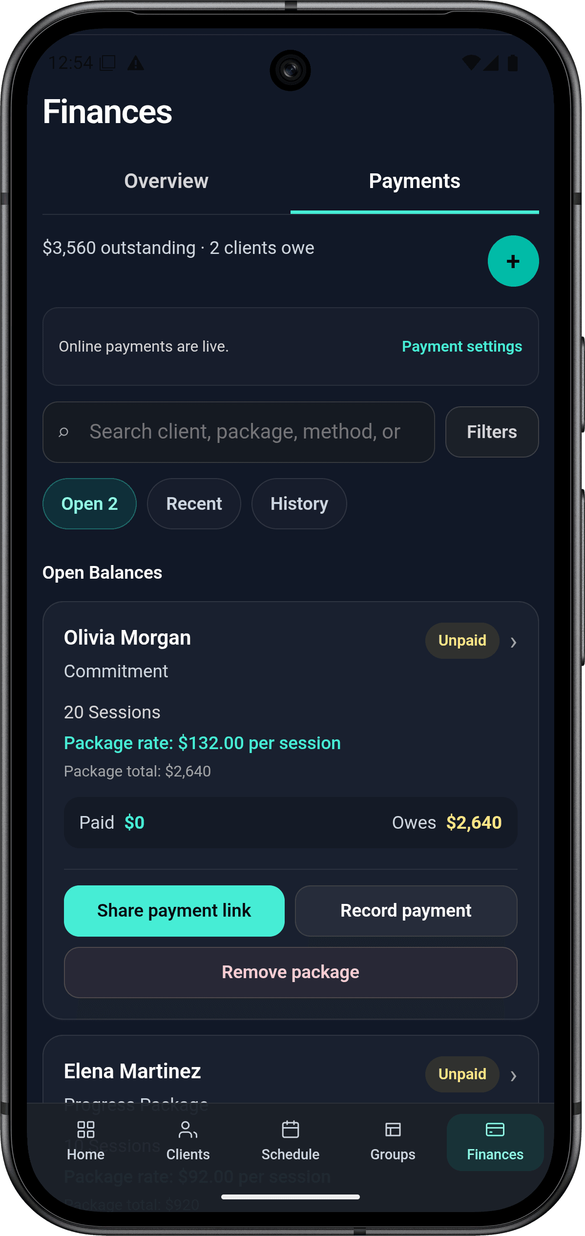 izow mobile payments workspace with open package balances, package rates, secure payment links, and manual payment actions