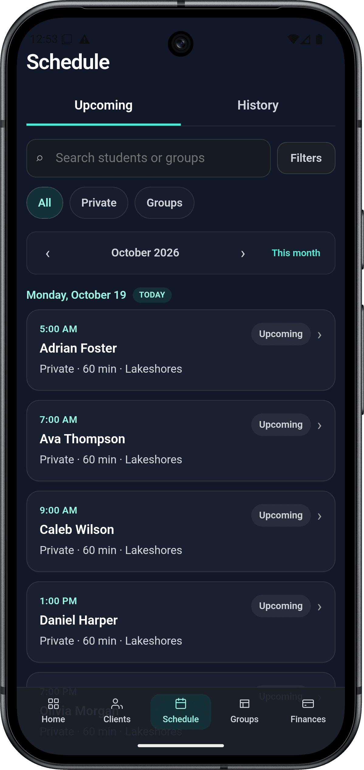 izow mobile schedule combining private and group appointments with monthly navigation and filters