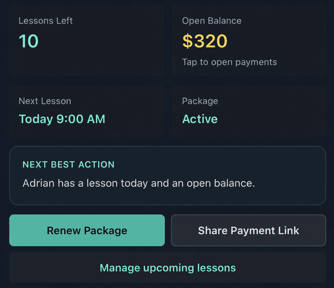 Adrian Foster coaching package showing 10 lessons left, a $320 open balance, and a lesson scheduled today
