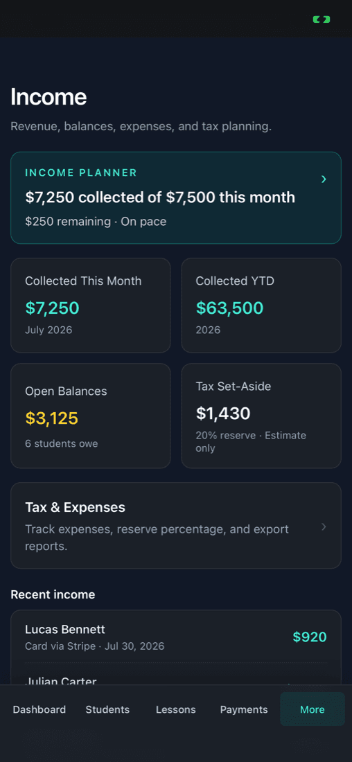 izow Income Planner with monthly progress, yearly income, and tax set-aside