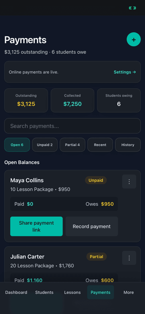 izow payment workspace with open balances and payment records