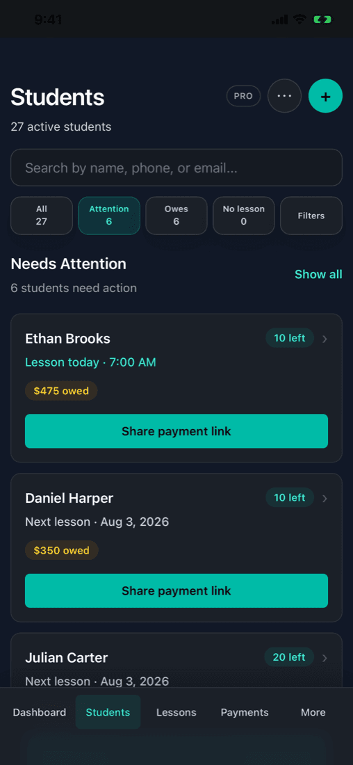 izow student list with lesson credits, balances, and payment actions