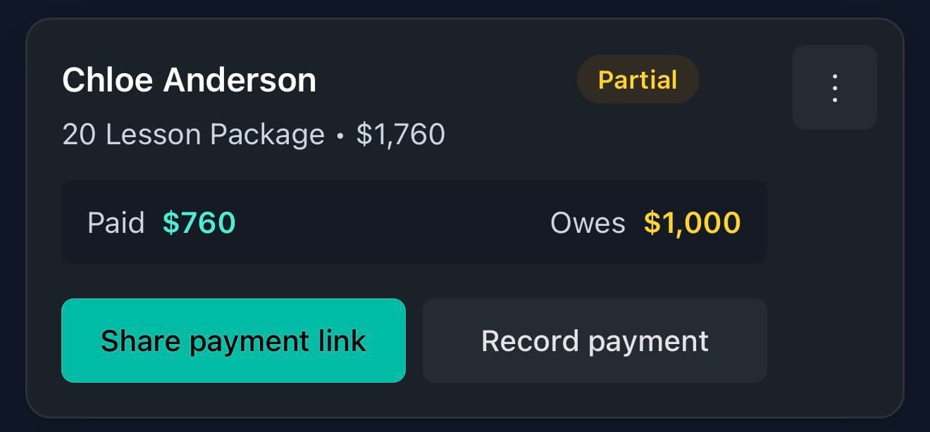 Chloe Anderson's 20-lesson package showing $760 paid and a $1,000 open balance