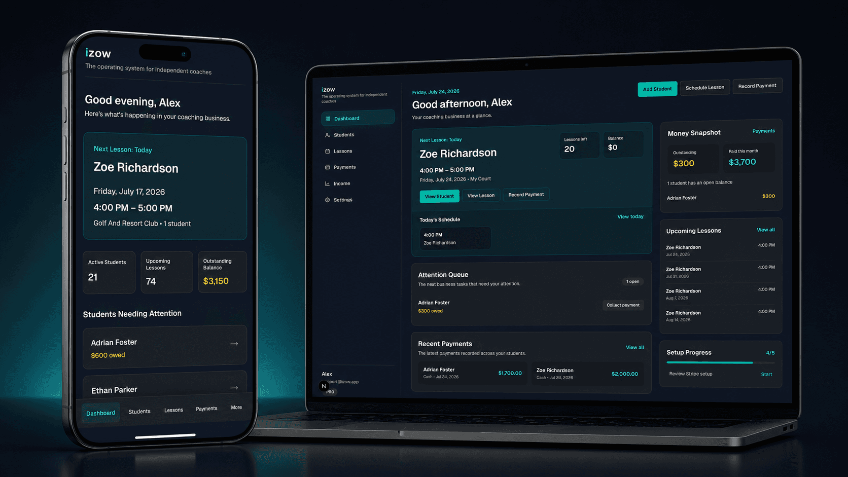 izow Dashboard on an iPhone beside Payments on a laptop